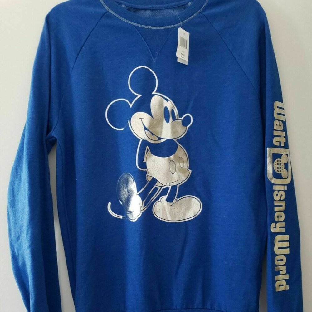 WALT DISNEY WORLD Adult Mickey Mouse Silver Foil Pullover Sweatshirt Blue M